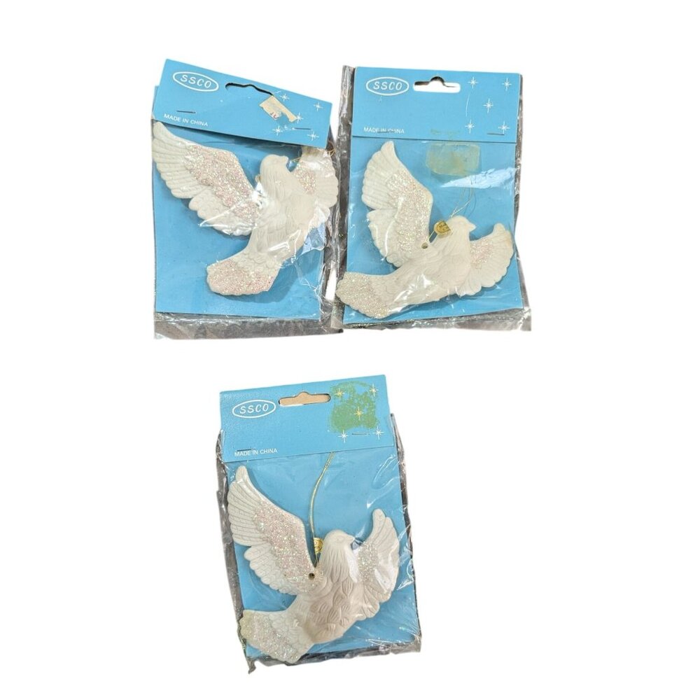 SSCO Glitter White Doves Hanging Ornaments Set Of 3 NOS Holiday‎